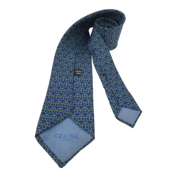 CELINE PARIS Blue Geometric Silk Tie Hand Made 56-3.1/4 EX COND